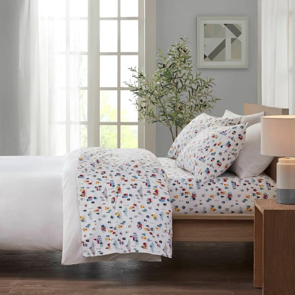TRUE NORTH Cozy Cotton Flannel 4-Piece White Village Print Cotton Full Sheet Set