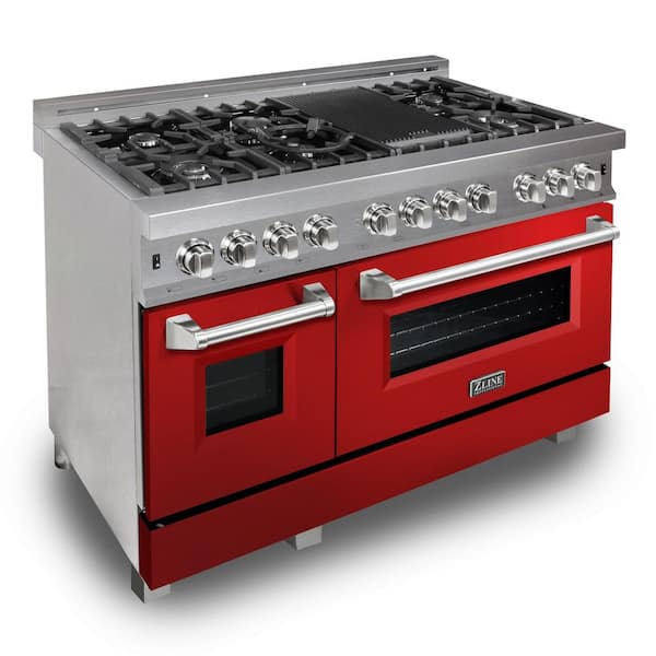 ZLINE Kitchen and Bath 48 in. 7 Burner Double Oven Dual Fuel Range with Red Gloss Door in Fingerprint Resistant Stainless Steel