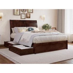 Andorra Walnut Brown Solid Wood Frame Full Platform Bed with Panel Footboard and Storage-Drawers