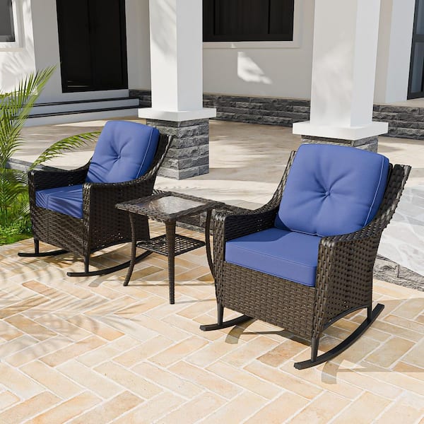 COOS BAY 3-Piece Brown Wicker Outdoor Patio Conversation Rocking Chair with Side Table and Blue Cushions