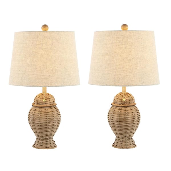 Margie Wicker 20.5 in. Bohemian Rustic Iron LED Table Lamp Set with Rattan Base and Linen Shade, Natural (Set of 2)