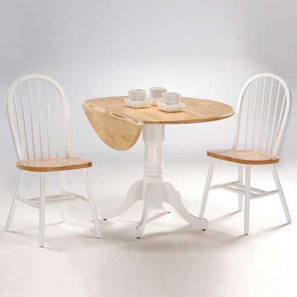 International Concepts Brynwood 3-Piece 42 in. White and Natural Round Drop-Leaf Wood Dining Set with Copenhagen Chairs