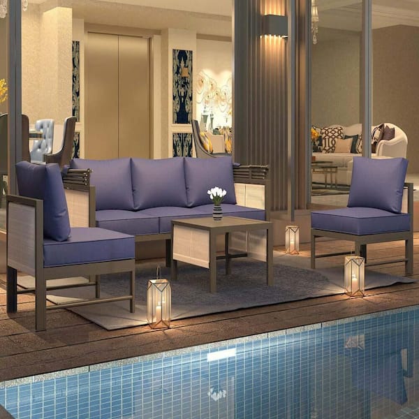 Tenleaf 4-Piece Metal Patio Conversation Set with Dark Blue Cushions, Canopy