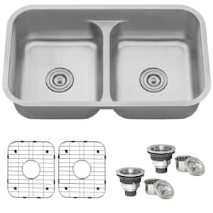 Undermount Stainless Steel 32 in. 16-Gauge 50/50 Low Divide Double Bowl Kitchen Sink