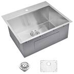Drop-In Zero Radius Stainless Steel 25 in. 1-Hole Single Bowl Kitchen Sink with Strainer and Grid in Satin