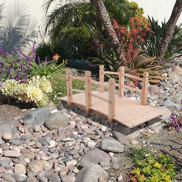 VINGLI 5 ft. Garden Bridge Classic Wooden Arch with Safety Rails