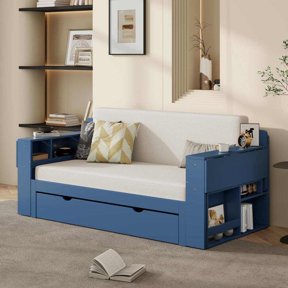White Queen Size Daybed Convertible Platform bed with Removable Desk, Storage Drawer, Hydraulic Side Table - thumbnail 4