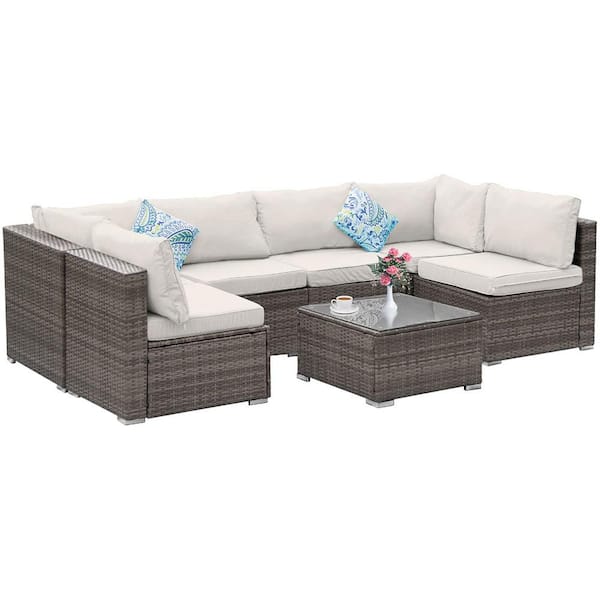 Sudzendf Gray 7-Piece PE Rattan Wicker Outdoor Patio Dining Sectional Cushions Sofa Set with Beige Cushion