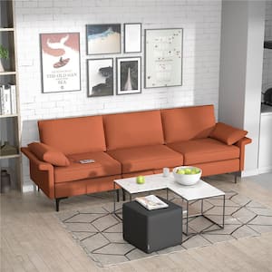 100.5 in. W Square Arm Polyester Modular Modern 3-Seat Sofa Couch in Rust Red with Socket USB Ports and Metal Legs