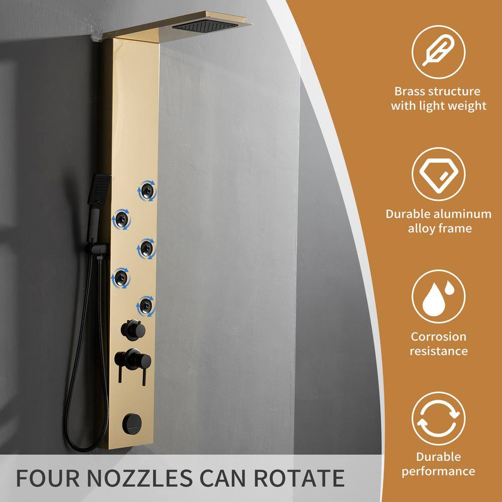 Gold Brushed 4-Jet Rainfall Shower Panel System with Handheld Wand