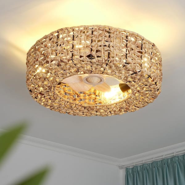 20 in. Indoor Rattan 100-240 V Low Profile Farmhouse Rattan Cage Ceiling Fan with Light 8 in. Blade Span
