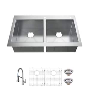 Professional 36 in. Drop-In 50/50 Double Bowl 16 Gauge Stainless Steel Kitchen Sink with Spring Neck Faucet
