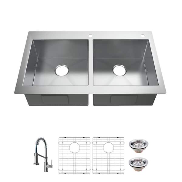 Glacier Bay Professional 36 in. Drop-In 50/50 Double Bowl 16 Gauge Stainless Steel Kitchen Sink with Spring Neck Faucet
