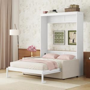 Space-Saving White Wood Frame Queen Murphy Bed Wall Bed, Converts to Sofa with Cushion