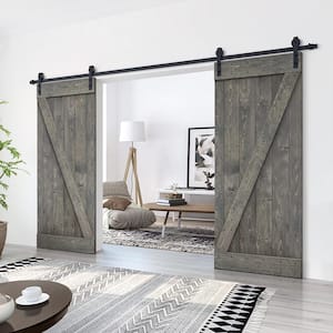 Z Bar 84 in. x 84 in. Pre-Assembled Cherry Red Stained Wood Interior Double Sliding Barn Door with Hardware Kit