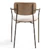 Single dining chair with wooden back and woven seat on white background.