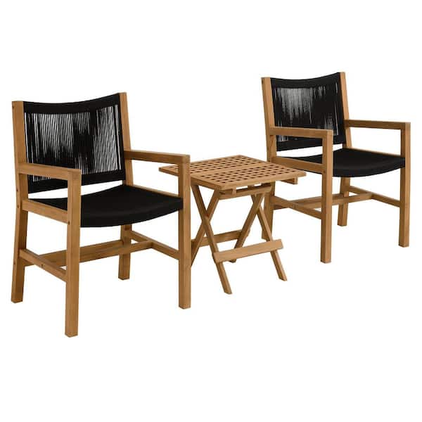 Vienna 3-Piece Outdoor Patio Teak and Rope Armchairs with Folding Side Table in Natural Black