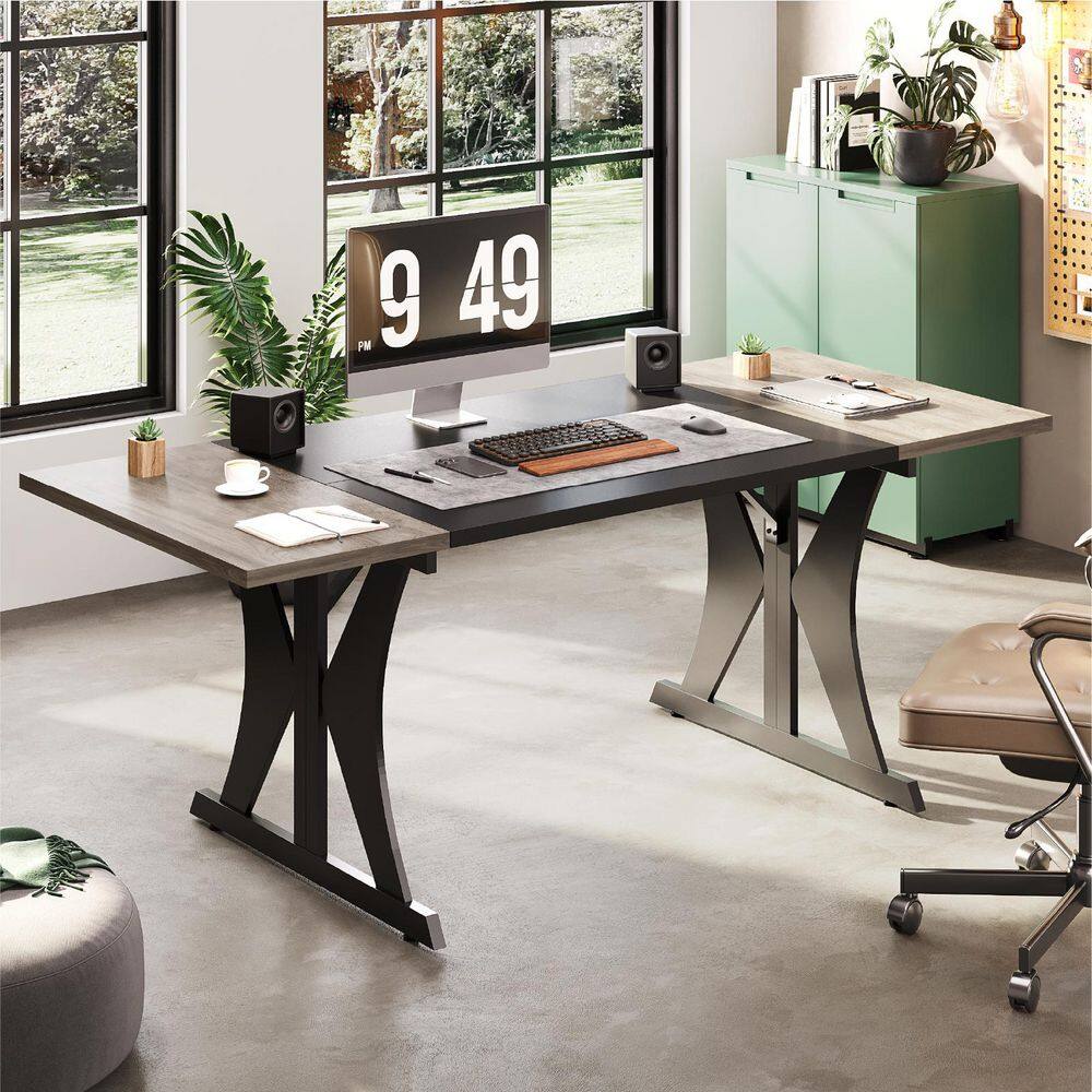 70in Rectangular Gray Computer Desk with X-Shape Steel Legs, Chipboard Study Writing Table for Home Office.