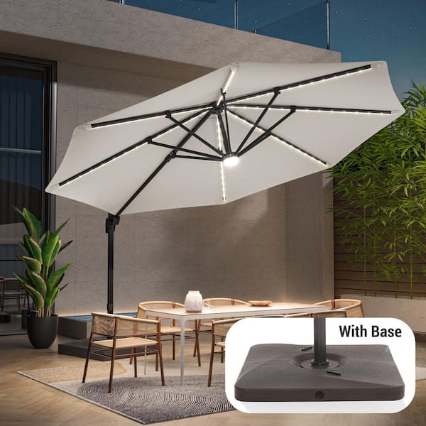 11 ft. led round offset outdoor patio umbrella in sunbrella Sonkuki 11 ft. Round Solar LED Aluminum 360° Rotation Cantilever Offset  Outdoor Patio Umbrella with a Base in Charcoal Gray R-BRELA-JC42SD