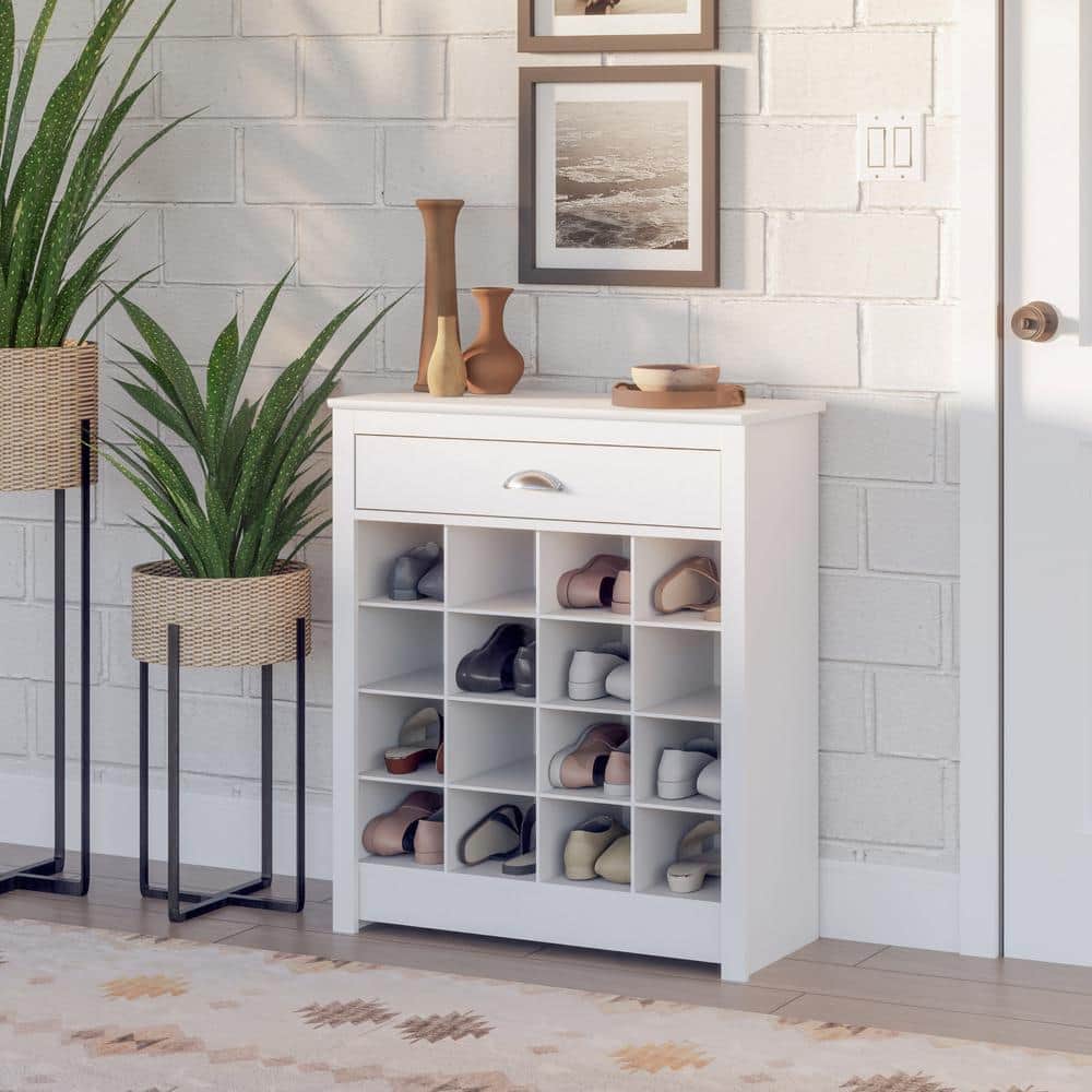White 16-Cubby Entryway Shoe Storage Cabinet with Drawer