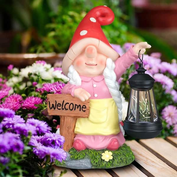 8 in. x 12 in. Pink Resin Solar Gnome Garden Statue Holding LED