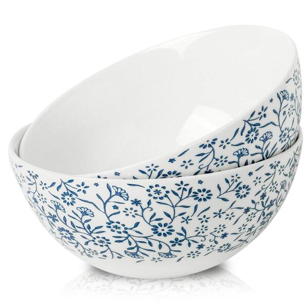 42 fl. oz. Blue Floral Ceramic 7 Inch Wide Salad Soup Pasta and Rice Serving Bowl Dinnerware (Set of 2)