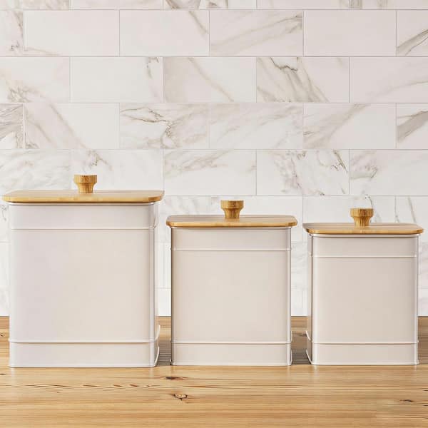 3-Pieces White Kitchen Canisters for Countertop with Customizable Chalkboard Label, Marker Pen Big Iron Kitchen Canister