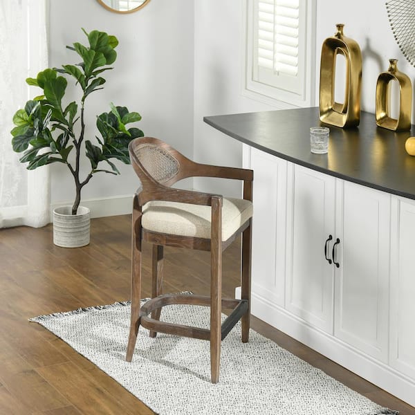 Americana 26 in. Mid-Century Modern Oak Wood Frame Cane Rattan Back Kitchen Counter Height Bar Stool in Taupe Beige