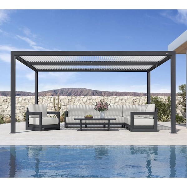 10 ft. x 16 ft. Gray Aluminum Frame Outdoor Hardtop Louvered Pergola with White Adjustable Sunshade Roofs