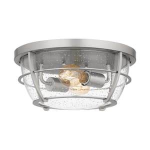 12.8 in. 2-Light Barreled Brushed Nickel Cage Flush Mount Ceiling Light