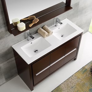 Allier 48 in. W Vanity in Wenge Brown with Ceramic Vanity Top in White with Double White Basin and Mirror
