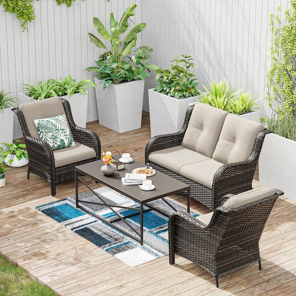 JOYSIDE 4-Piece Wicker Patio Conversation Set and Chairs with Beige Cushions and Brown Steel Table