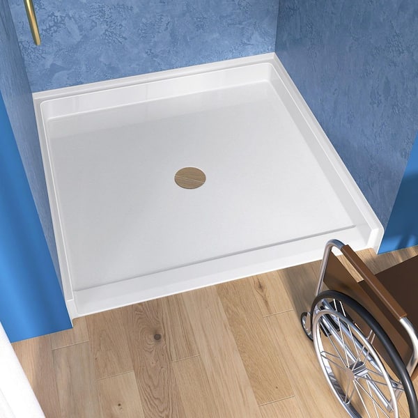 Ada 38 in. L x 38 in. W Rectangular Non-Slip Alcove Acrylic Single Threshold Shower Pan Base with Center Drain in White