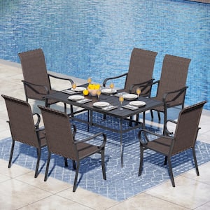 7-Piece Metal Patio Outdoor Dining Set with Rectangle Table and Brown Rattan High Back Dining Chairs