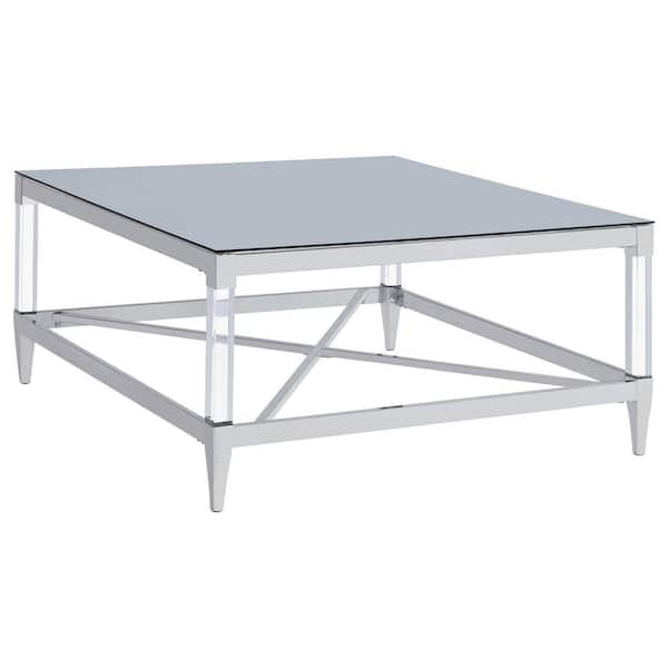 Lindley 35.25 in. Chrome Rectangle Mirror Tempered Glass Top Coffee Table with Acrylic Legs