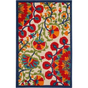 Aloha Easy-Care Red/Multicolor 3 ft. x 4 ft. Floral Modern Indoor/Outdoor Patio Kitchen Area Rug