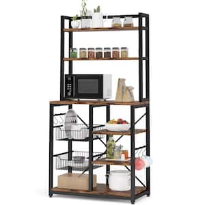 Kathleen 63 in. Vintage Brown Wood Kitchen Baker's Rack, 6-Tier Microwave Oven Stand with 6 Hooks and 2 Wire Baskets