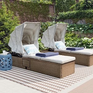 Eira Natural Wicker Outdoor Chaise Lounge with Canopy and Beige Cushions