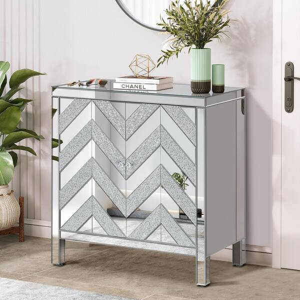 Diamond Silver 32.5 in. Accent Cabinet Office Storage Cabinet W/ 2 Shelves & Mirror Trim, M-Shape Design & Glass Effect