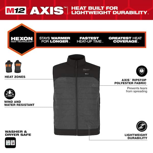 Men's 2 X-Large M12 12-Volt Lithium-Ion Cordless Axis Gray Heated Quilted Vest Kit with (1) 2.0 Ah Battery and Charger