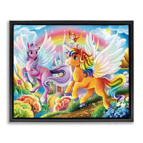 Stupell Industries Fluttering Unicorns and Rainbow by Image World Black Floater Frame Fantasy Graphic Art Print 25 in. x 31 in.
