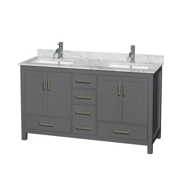 Wyndham Collection Sheffield 60 in. W x 22 in. D x 35 in. H Double Bath Vanity in Dark Gray with White Carrara Marble Top