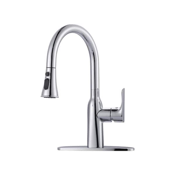 Single Handle 3-Mode Stainless Steel High Arc Pull Down Sprayer Kitchen Faucet with Water Lines in Polished Chrome