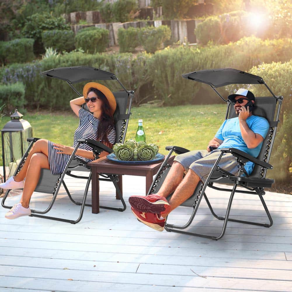 Black Steel Folding Chaise Lounge Chair with Adjustable Sun Shade Canopy