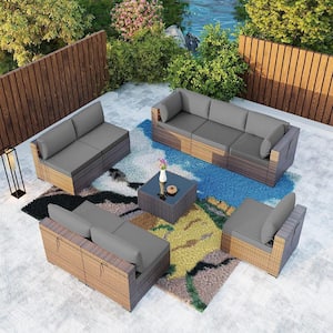 9-Piece Wicker Outdoor Sectional Set with Cushion Gray