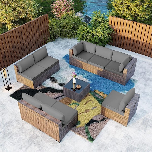 Halmuz 9-Piece Wicker Outdoor Sectional Set with Cushion Gray