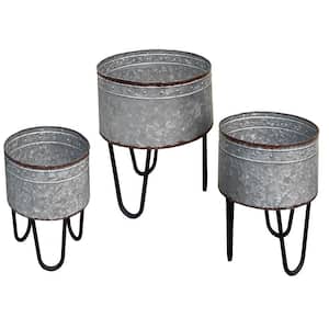 Gray and Black Iron Planter Tubs with Powder Coated Hairpin Legs (Set of 3)