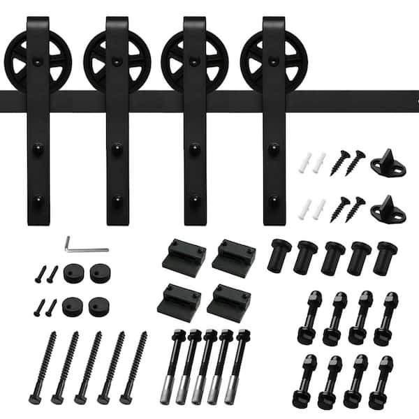 Movisa 8 ft./96 in. J-Shaped Sliding Double Barn Door Hardware Kit with Large Wheel Rollers