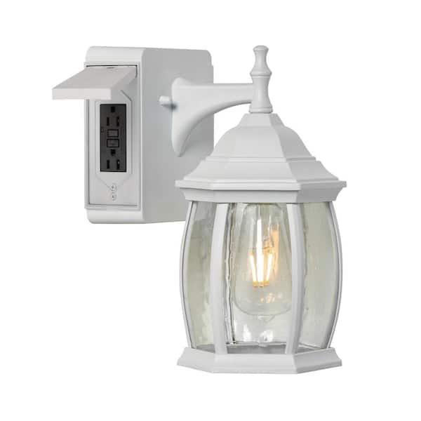Addington Park Victoria 1-Light Outdoor Wall Sconce with 2 Built-In GFCI Outlets, White