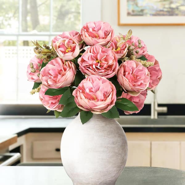 LIVING LUXURY 18 in. Red Orange Artificial Cabbage Rose Flower Stem Bush Bouquet (Set of 2)